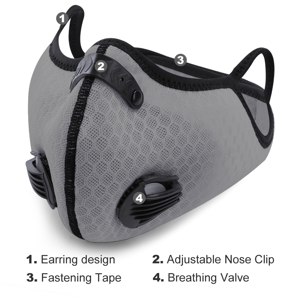 Grey protective Face Mask with carbon filter, mesh fabric