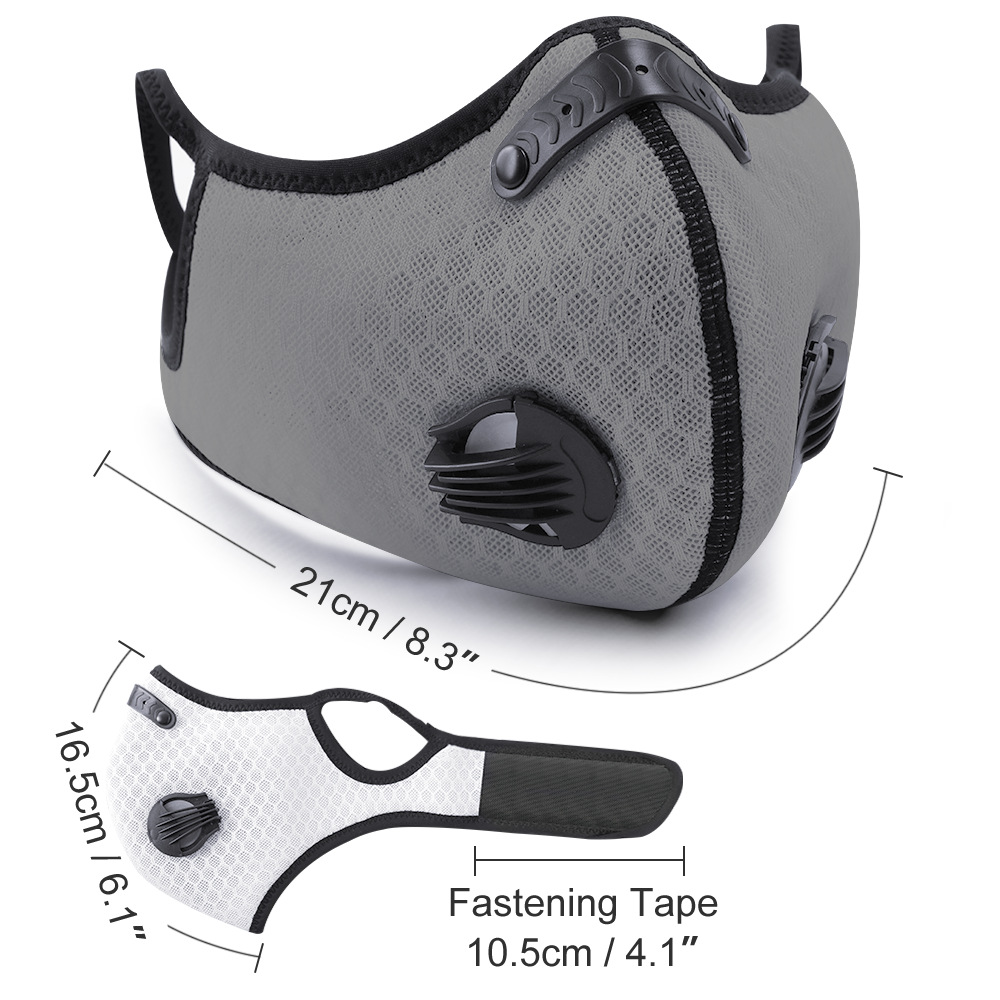 Grey protective Face Mask with carbon filter, mesh fabric